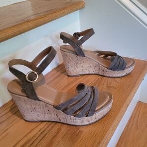 NEW Franco Sarto Grey Suede Cork Wedge Sandals
